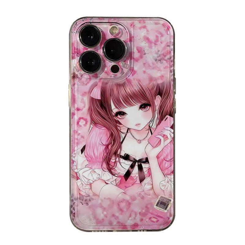 Soft Pink Anime Girl Illustration Phone Case for iPhone 17 16 15 14 13 12 11 16E Series Pro Max Plus Double Layer Protection