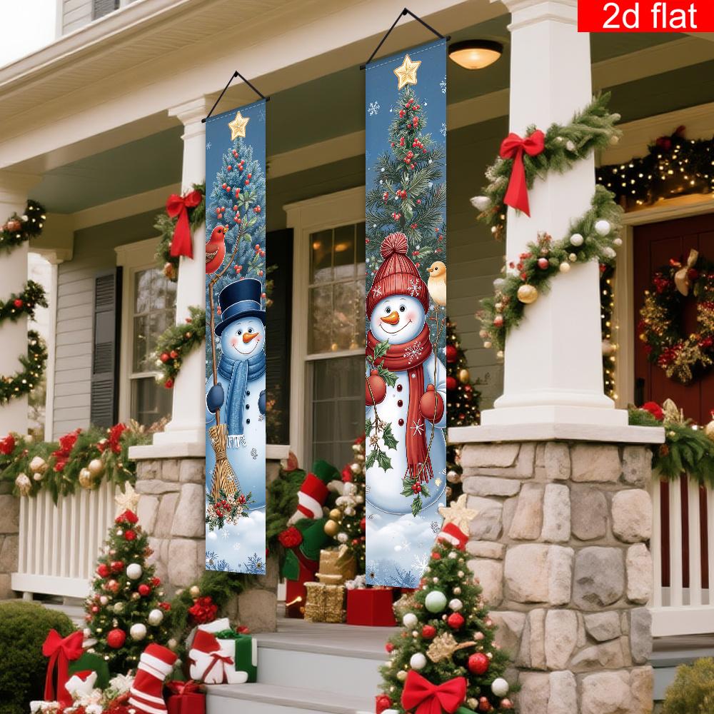 Merry Christmas Door Banner Couple Snowman Snowy Tree Scenes 1 Pair Indoor Outdoor Decor