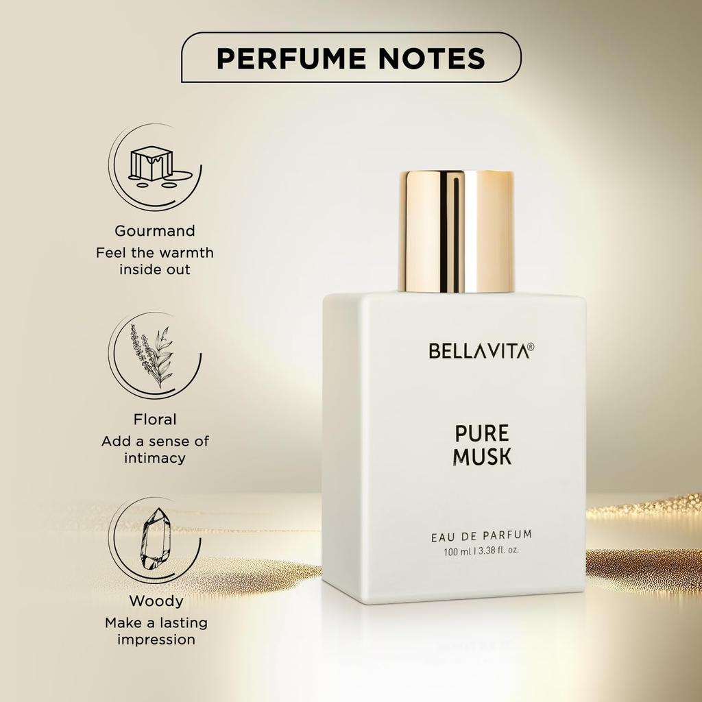 Bellavita Pure Musk Eau De Parfum 100ml | Long Lasting Woody Floral Perfume For Men And Women | Musk Sandalwood Tonka Elegant Fragrance