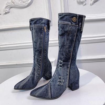 Moda 2025 Botas de Mujer de Mezclilla Gruesa hasta la Media Pantorrilla Botas de Tacón Alto de Bloque Moda de Invierno Botas Cowboy Western Zapatos de tacón grueso