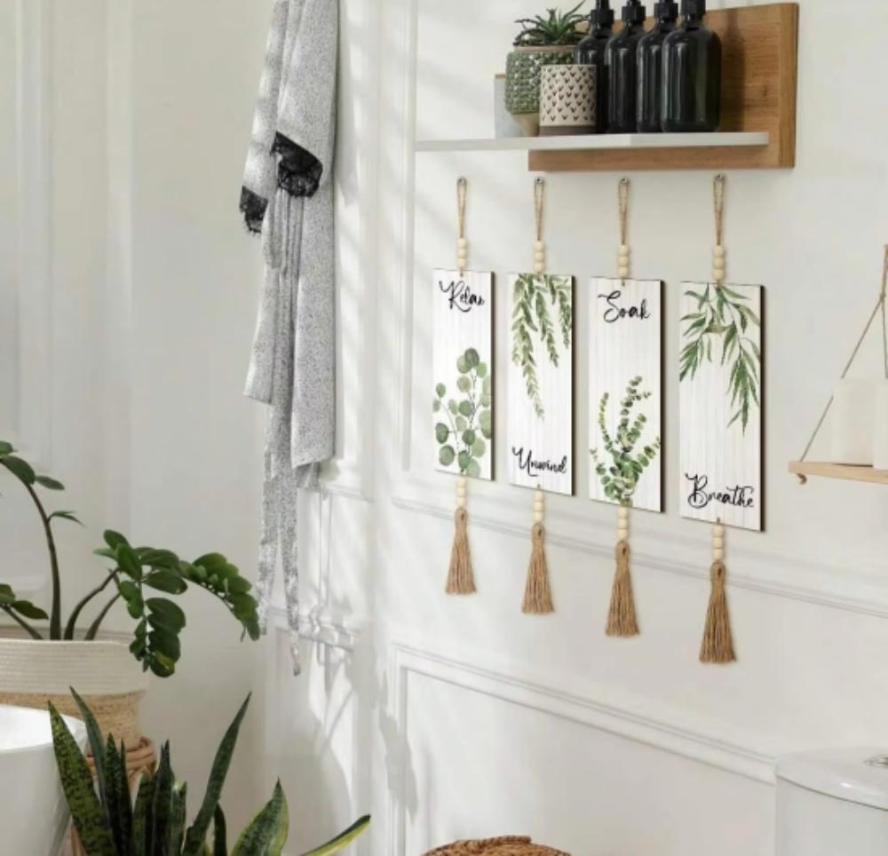 4 Pcs Bathroom Sign With Beads Wooden Hanging Relax Soak Unwind Breathe With Boho Leaf Art Print Minimalist Bathroom Crafts Gift