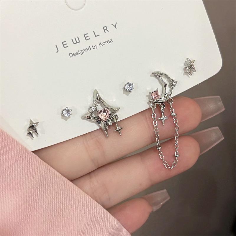 6Pcs Y2K Style Pink Crystal Starry Earrings Set for Women Exquisite Moon Tassel Chain Sweet Planet Accessories Fashion Jewelry
