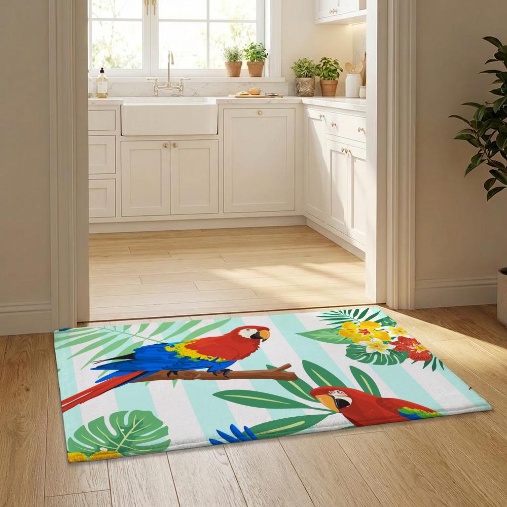 Tropical Parrots Flowers Palm Leaves Floor Mat Flannel Door Mat Non-Slip Bedroom Living Room Home Decor