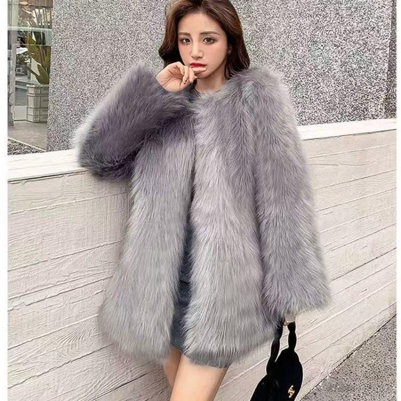Medium and Long Collar Simple Imitation Fox Fur Coat Women's Autumn and Winter Toka Wool Coat