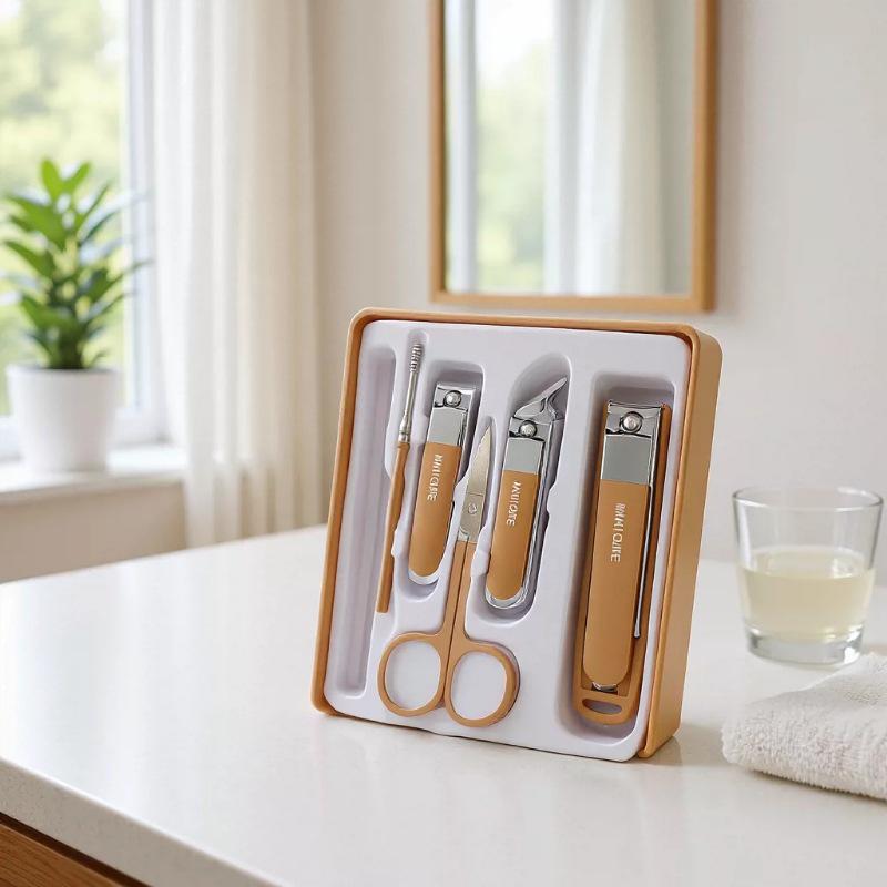 

Coffee Color Anti-Splash Nail Clippers & Nail File Set - Stainless Steel Manicure Tools for Home Use. Yellow 6-piece set (plastic tray)