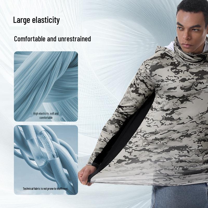 Men's Camouflage Quick-Dry Mesh Fishing Hoodie with Sun Protection Mask