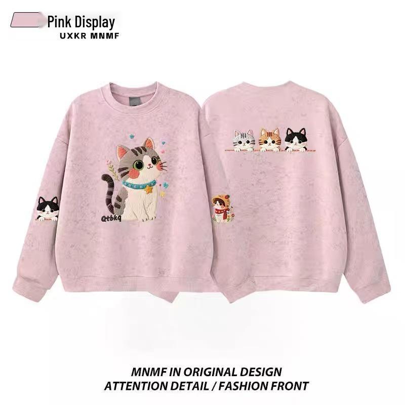 Girls' Tie-Dye Crewneck Sweatshirt with Cartoon Cat - Fleece-Lined for Spring and Autumn 2025, Medium & Large Sizes