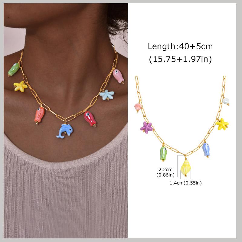 18k Gold Plated Pearl Shell Conch Starfish Summer Beach Necklace, Charms Necklace for Women,Stainless Steel Waterproof Jewelry