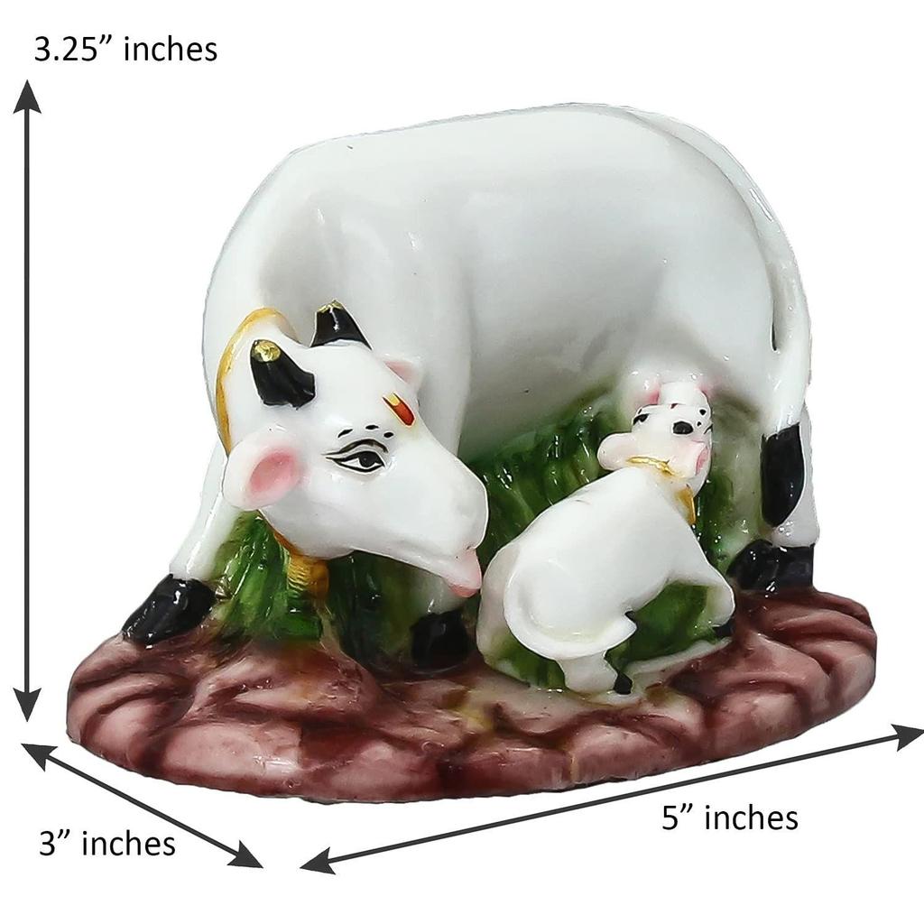 Colorful Cow and Calf Statue Polyresin Statue (12.5 Cm X 7.5 Cm X 7.5 Cm, White and Green)