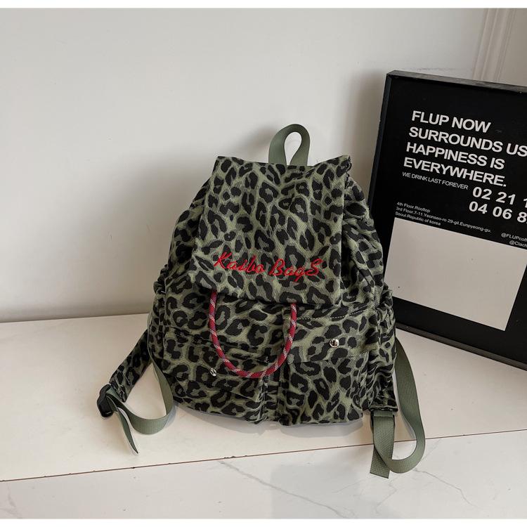 Schoolbag Drawstring College Student Schoolbag Trendy Cool Leopard Print Canvas Backpack Women's Autumn and Winter New Casual Large-capacity Travel