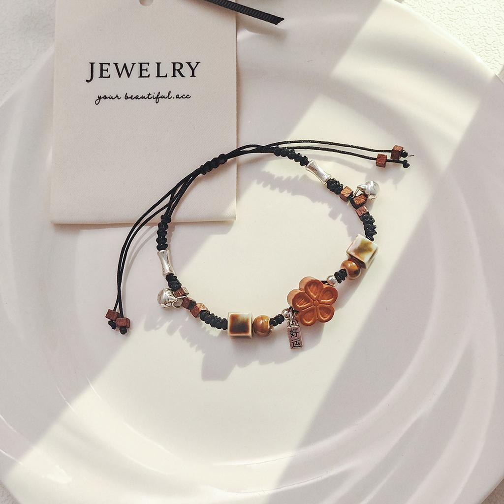 Retro Retro Woven Peach Blossom Bell Beaded Bracelet, Ancient Style Light Luxury Simple High-End Niche Jewelry