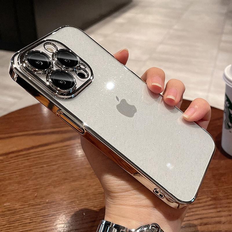 Capa de Luxo Glitter Transparente PC Banhada para iPhone 16 15 14 Pro Max Plus 13 11 12 Bling Clara À Prova de Choque Ultrafina