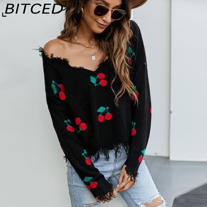 BITCED Women's Oversized Cropped V-Neck Sweater Women's Knit Sweater with Fringe for Fall/Winter