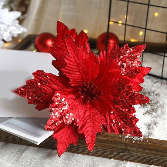 Artificial Christmas Flower Realistic Looking Create Atmosphere Bright Color Shiny Surface Ornament Christmas Decoration Reusable Glitter Christmas