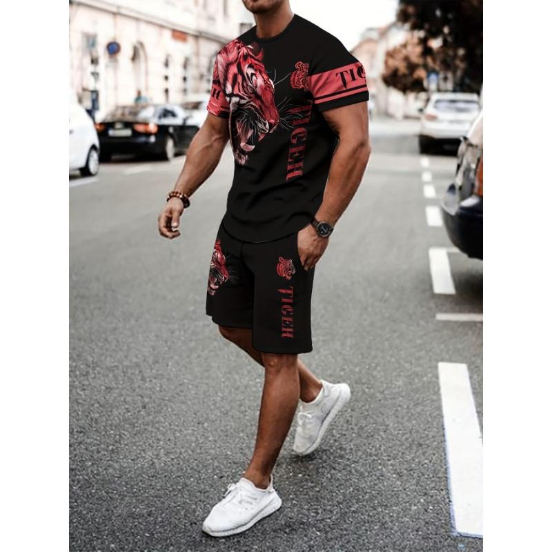 Men's Breathable Casual Sports Set, Summer 3D Printed Adult Outfit with T-shirt and Shorts