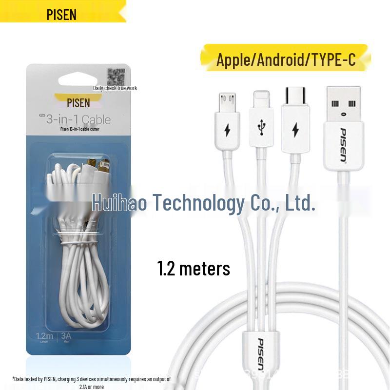 PISEN Aluminum Alloy 3-in-1 Braided Data Cable for Apple, Android, Type-C Devices