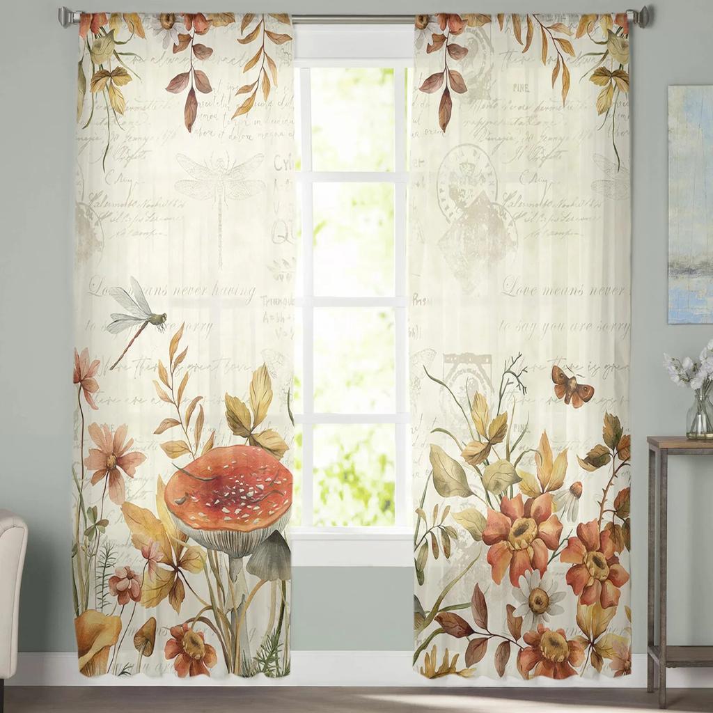 Fall Mushroom Flower Butterfly Dragonfly Window Tulle Curtains For Living Room Kitchen Modern Window Treatments Voile Curtains