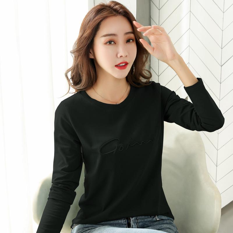 Autumn Winter Long Sleeve Embroidered Letter Slim Fit Base Layer Tee Women Plus Size Top Cotton Style