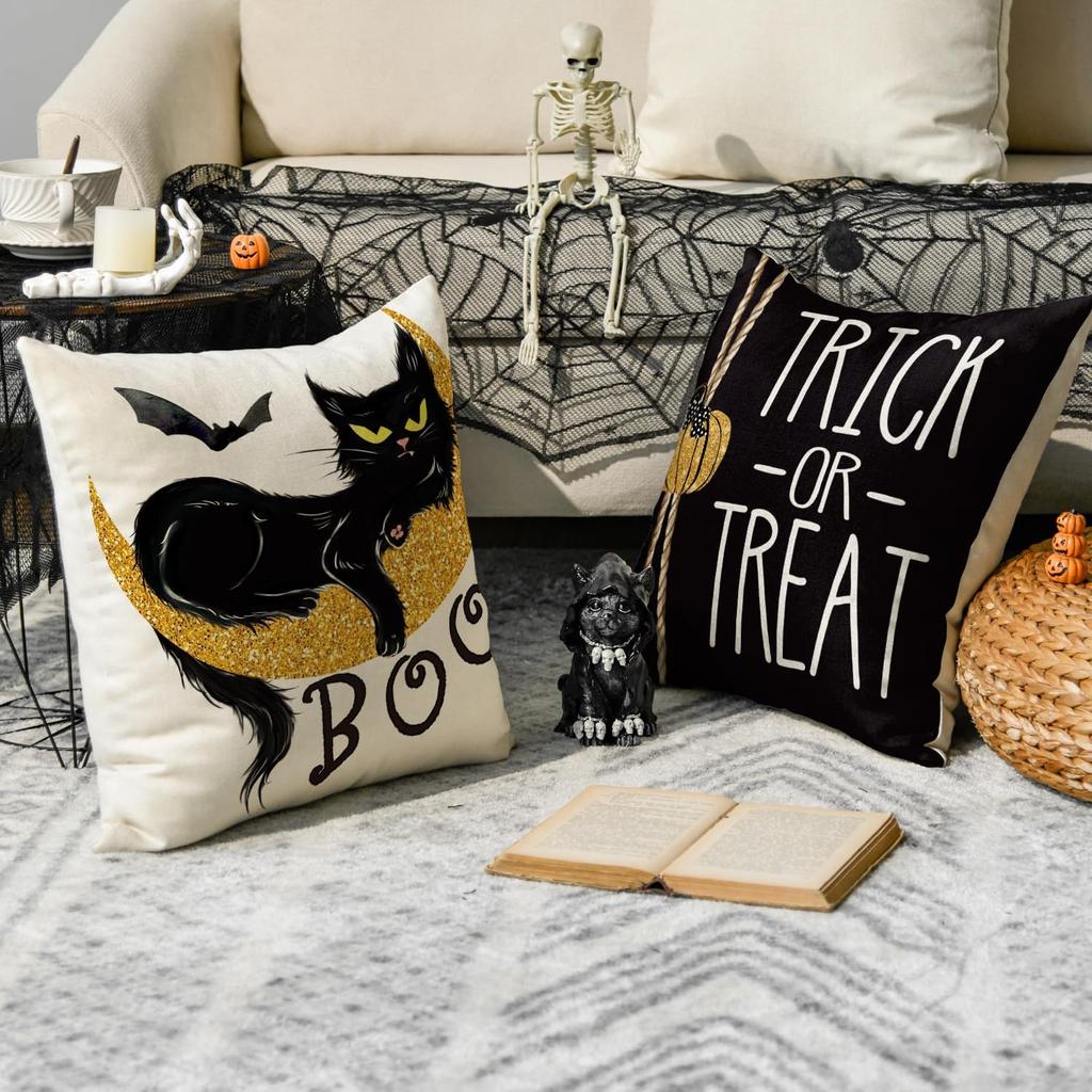 AVOIN colorlife Happy Halloween Boo Black Cat Trick or Treat Throw Pillow Covers, 18 x 18 Inch Spooky Pumpkin Bat Cushion Case for Sofa Couch Set of