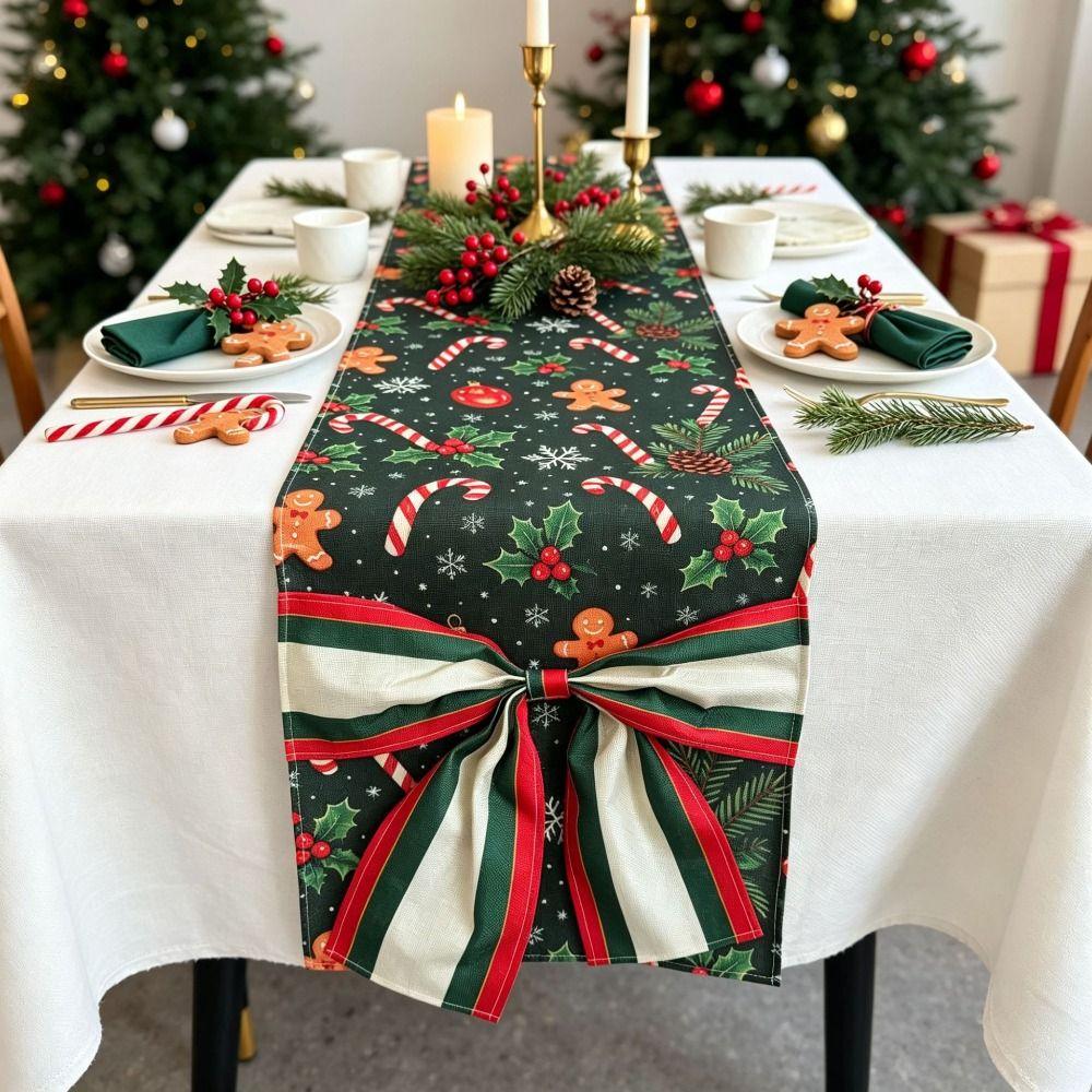 Poinsettia Holly Berries Christmas Table Runner Bows Accents Winter Table Decor  Home Decoration