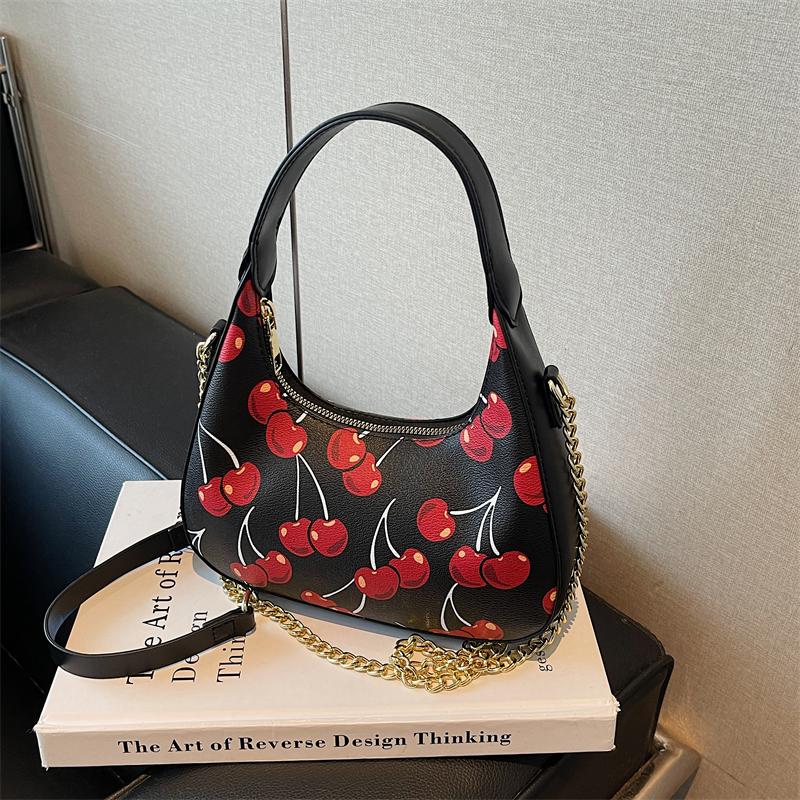 Fashion Shoulder Bag Strawberry Cherry Print Solid Color Large Capacity Zipper Adjustable Chain Strap Daily Commute Shopping