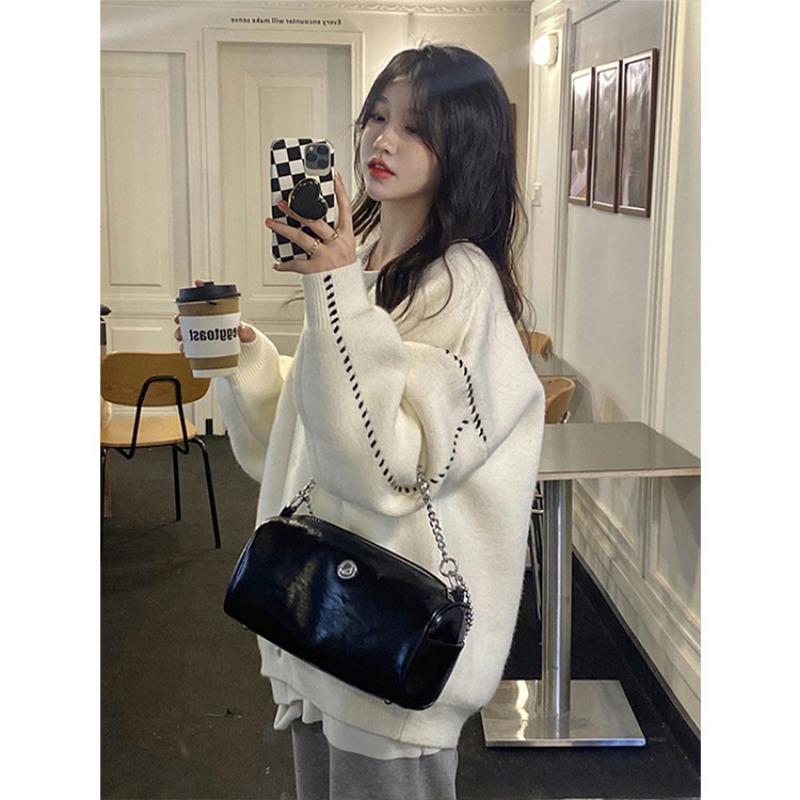 Autumn Winter Patchwork Loose Casual Cardigan Sweater Coat Women Single Breasted Knitting Outwear Top