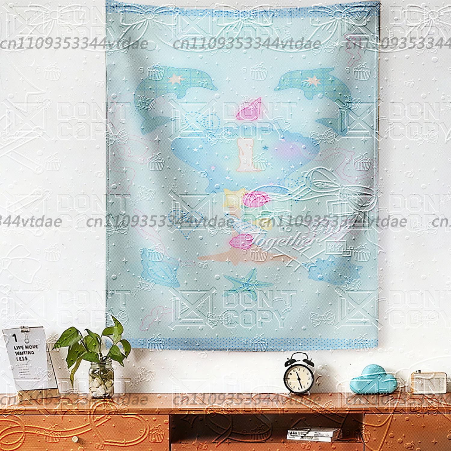 

Cute Ocean Dolphin Tapestry Kawaii Pastel Blue Sea Shell Wall Hanging Sweet Aesthetic Background Cloth for Bedroom Dorm 74x94cm(29x37in)