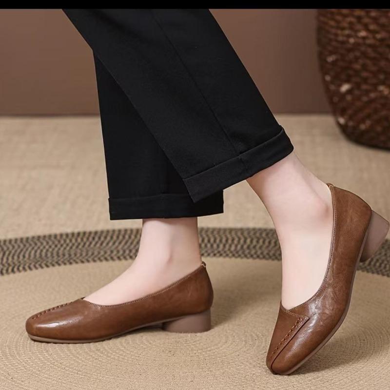 Thick heel retro comfortable casual shoes head women's new soft leather spring light mouth single shoes