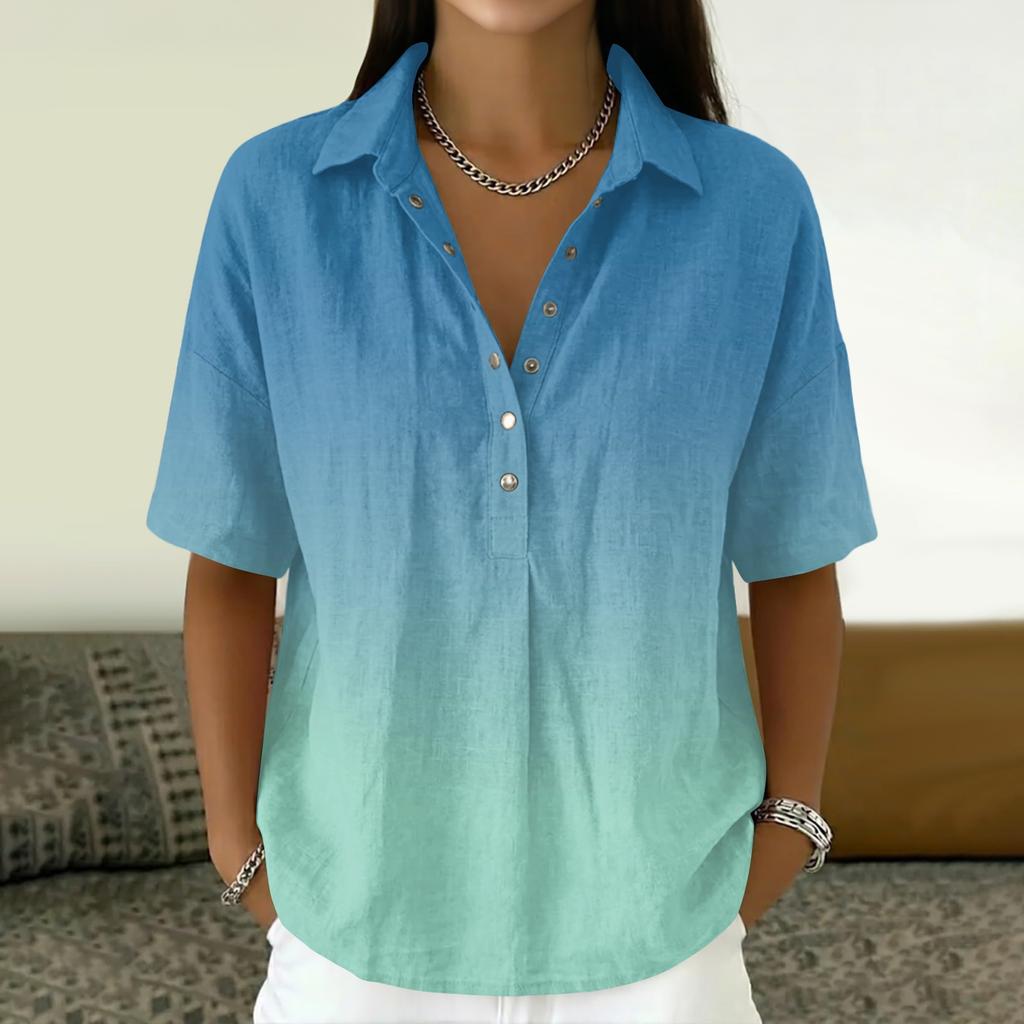 Women Loose Fit Short Sleeve Polo Shirt Vintage Floral Print Button Down Collar Linen Blend Casual Top