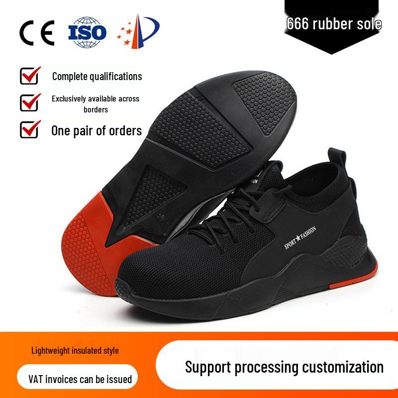 Men's Fly-Knit Safety Shoes: Anti-Smash, Anti-Puncture, Breathable, Lightweight, Comfortable, Wear-Resistant with Soft Sole and Button Closure.