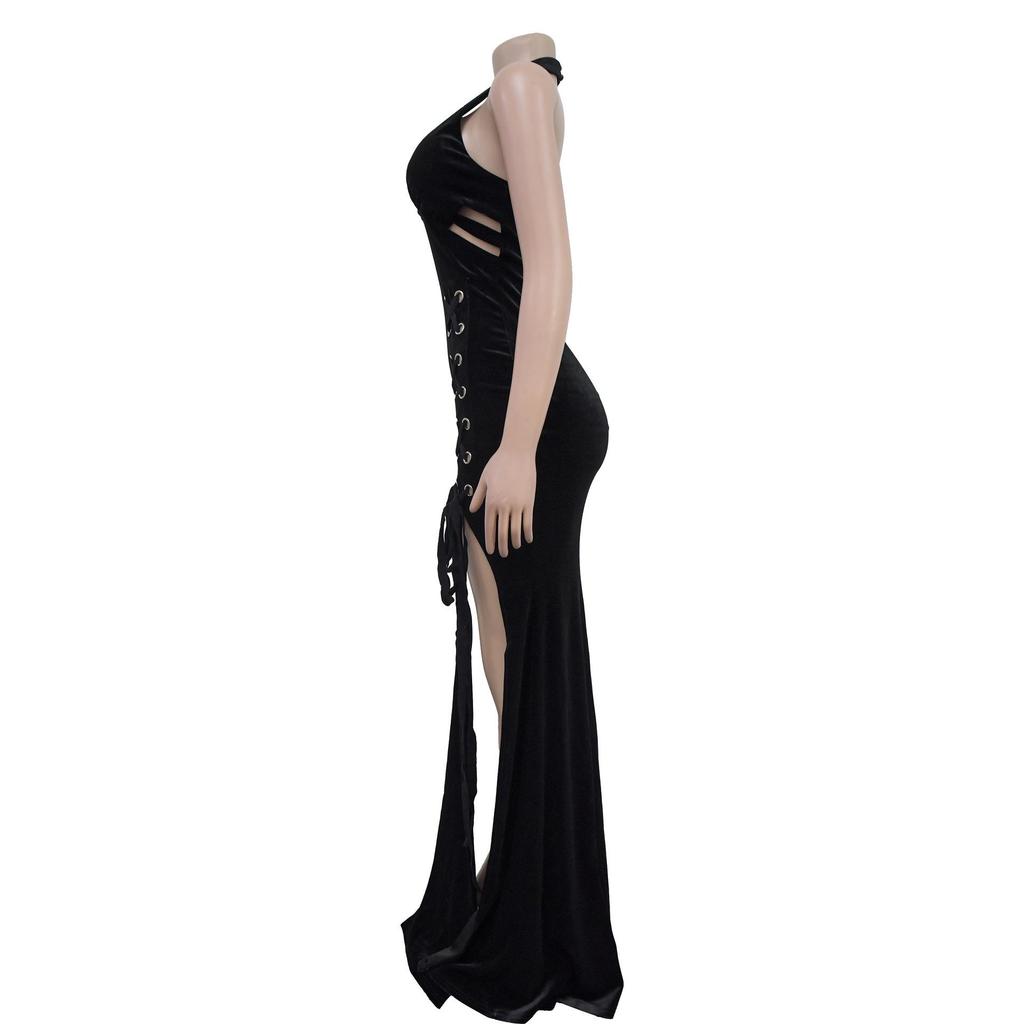 Women's Halter Backless Sexy Slit Long Dress - European and American Fashion