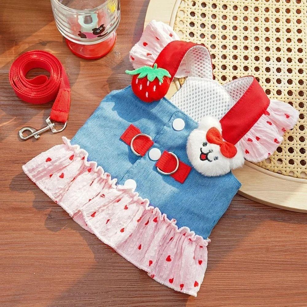 Universal Cute Dog Harness Dress with Leash Pink Strawberry Pet Dress Comfortable Heart Print Dog Costume Skirt Spring Summer