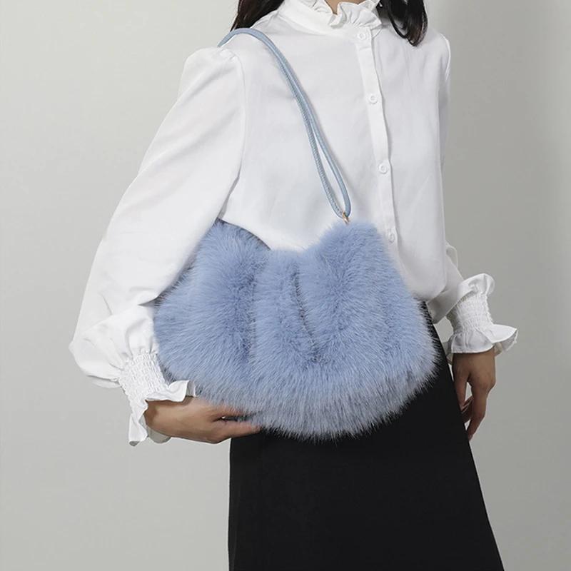 Winter Simple Faux Fur Shoulder Bags for Women Solid Color Ladies Soft Plush Handbags Large Capacity Female Tote Bag with Zipper