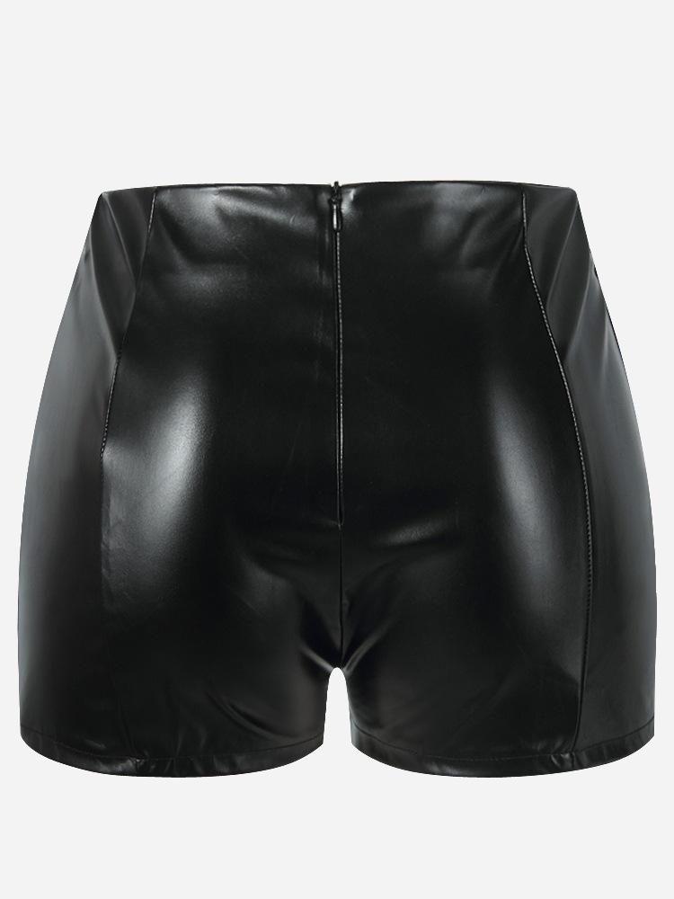 European & American Women's 2023 Leather Jacket and Faux Leather Shorts Set