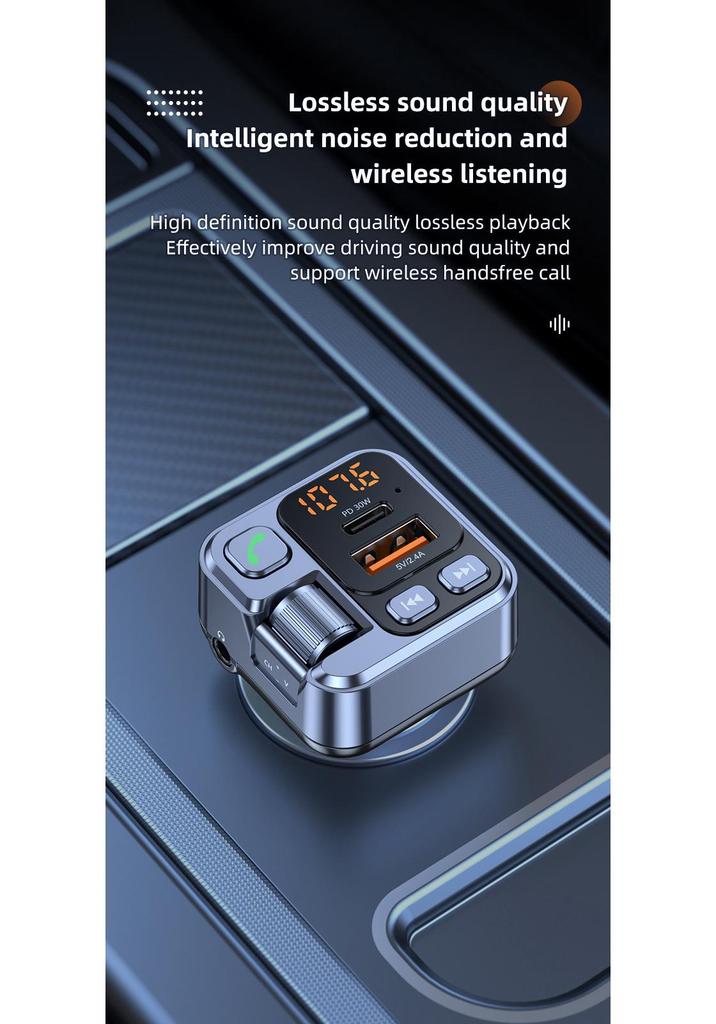 Car Bluetooth FM Transmitter MP3 Player with PD30W Fast Charger & 2.4A Hands-Free AUX Adapter