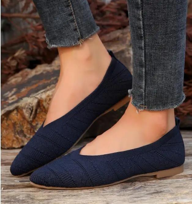 Fashion New Women's Pointed Toe Single Shoes Solid Color Knitted Slip on Casual Breathable Ballet Flats Shoes Loafers Zapatos De Mujer
