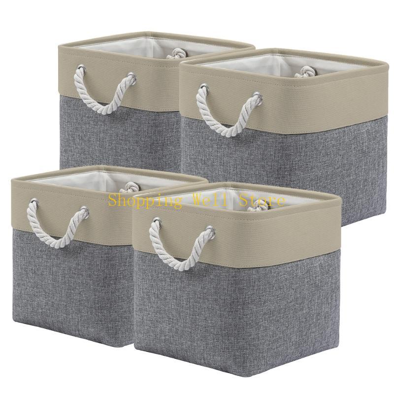 KX4B Set Of 4 Stylish Storage Cubes with Easy Carry Rope Handle Multipurpose Fabric Baskets Efficient Organizing Supplies