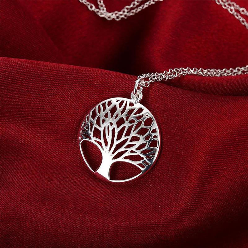 925 Sterling Silver 16inch Chain Tree Round Pendant Necklace For Woman Fashion Wedding Engagement Charm Jewelry