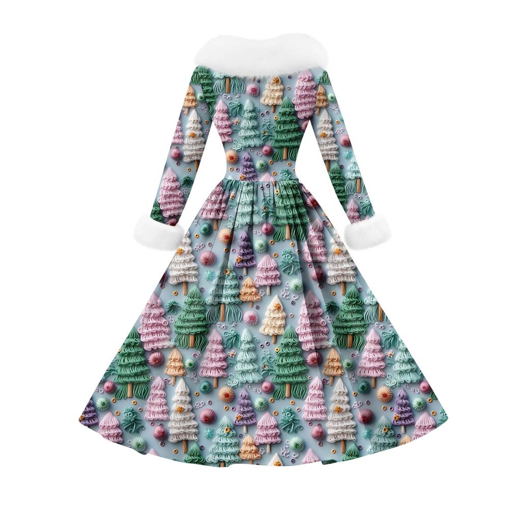 Women's Casual Dress Long-Sleeve V-Neck Patchwork Fleece Christmas Print Dress