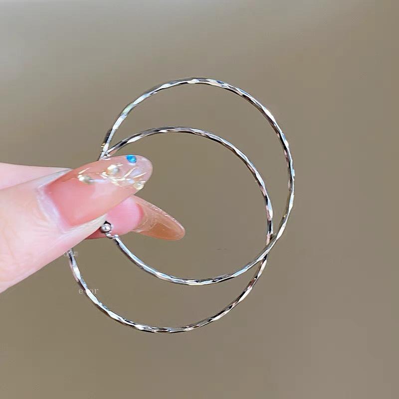 Minimalist Silver Double Layer Large Earrings Women's Summer Versatile Square and Round Face Plain Hoop Earrings