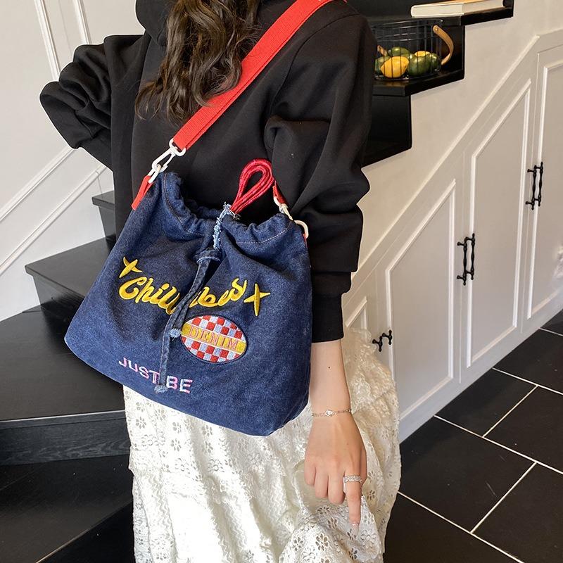 Trend embroidery casual versatile large capacity portable tote bag denim shoulder messenger bag