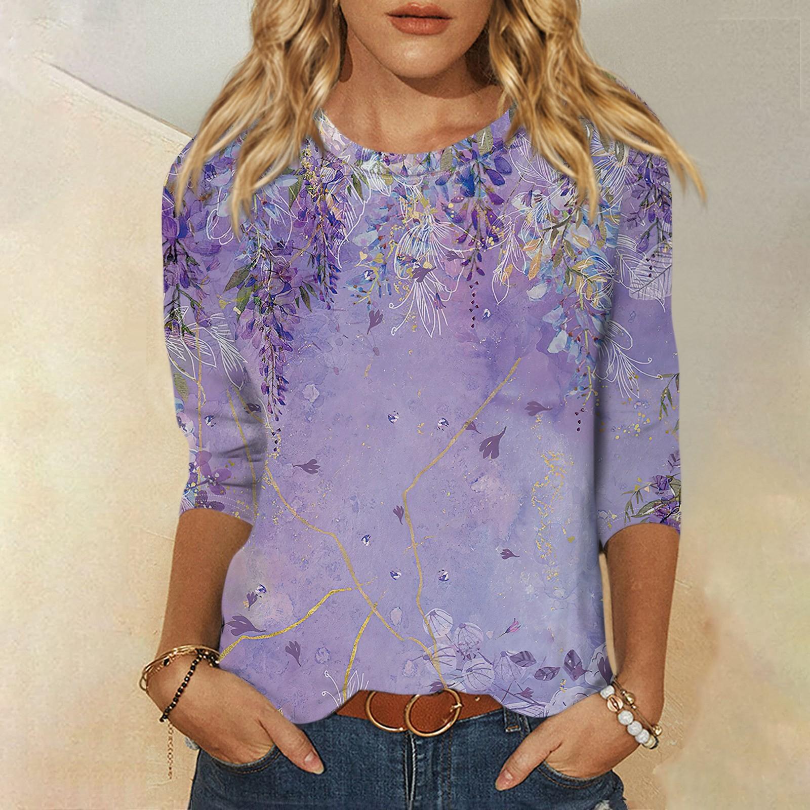 

Рубашки с рукавом 3/4 для женщин, футболки с графическим принтом, блузки, повседневные базовые топы, пуловеры XXXL фиолетовый