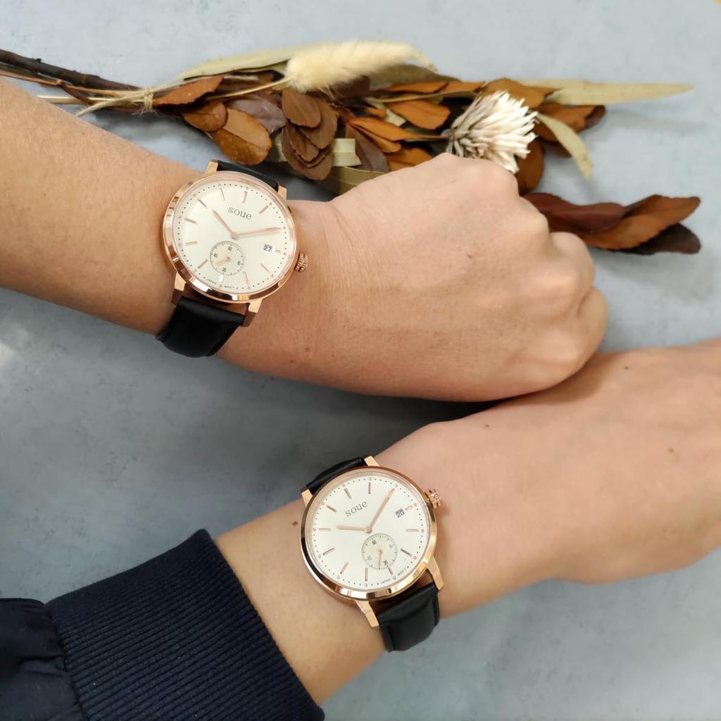 soue Pair Watch Classics Pair Watch Pair Couple 38mm Size Leather Belt Leather Band Black Pink Gold Ivory Dial [SOUE] Women's Men's