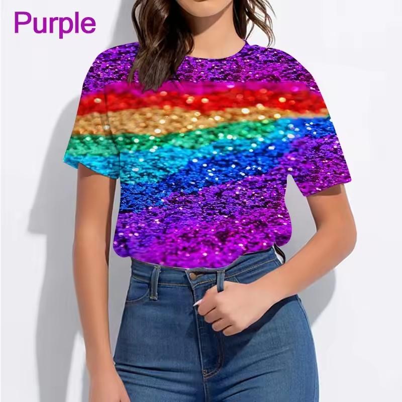 Color Glitter Pattern 3D Printing Women Diamond Fashion Summer Casual T-shirt Short Sleeves Pullover Oversized Y2K Streetwear