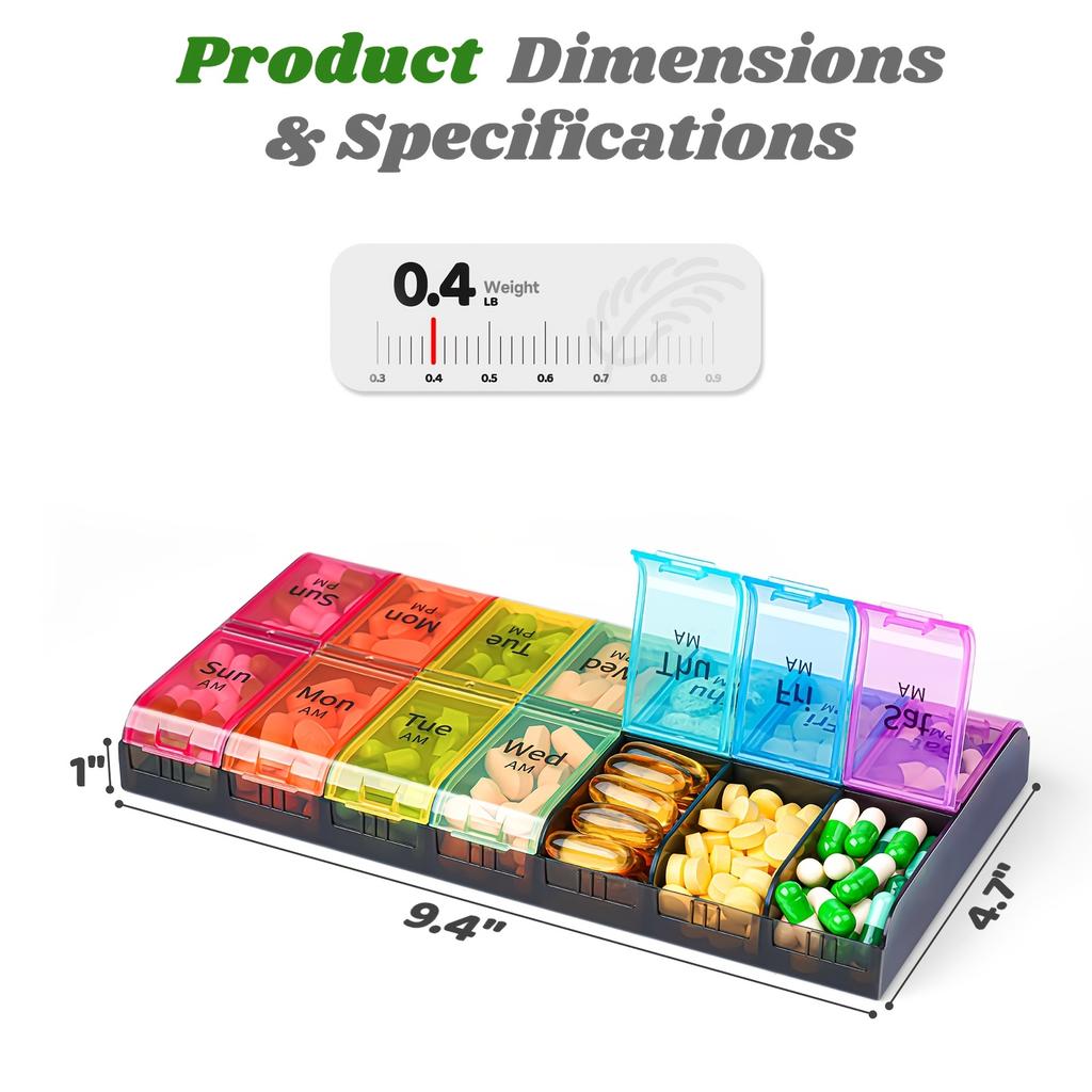 Große Größe 7 Tage Pillenorganisator mit täglichen Zwei-Dosen-Fächern Langlebiges PP-Material Vitamin- und Medikamentenspender zur wöchentlichen Aufbewahrung