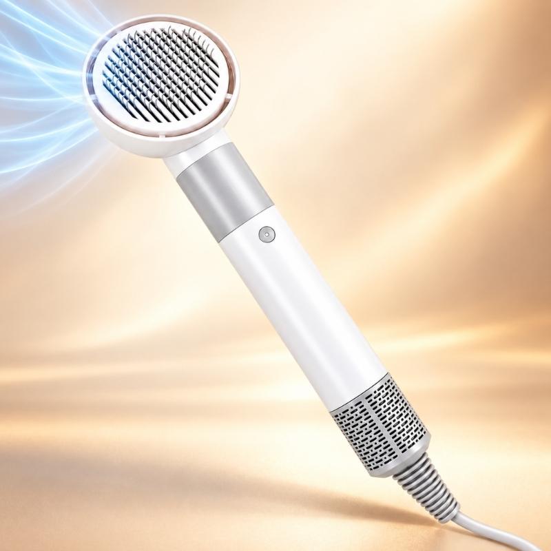 Adjustable Pet Blow Dryer Brush with 3 Temperature Setting, Blue, Yellow, and Red Indicators Light, Low or High Airflows, and Styling Nozzles