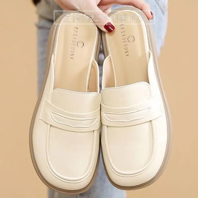 Fashion Leather Women's Slippers And Ladies Sandals Round Toe Mules Shoes Black Slides On Promotion Youthful Emo Sale Easy Wears Eva 39