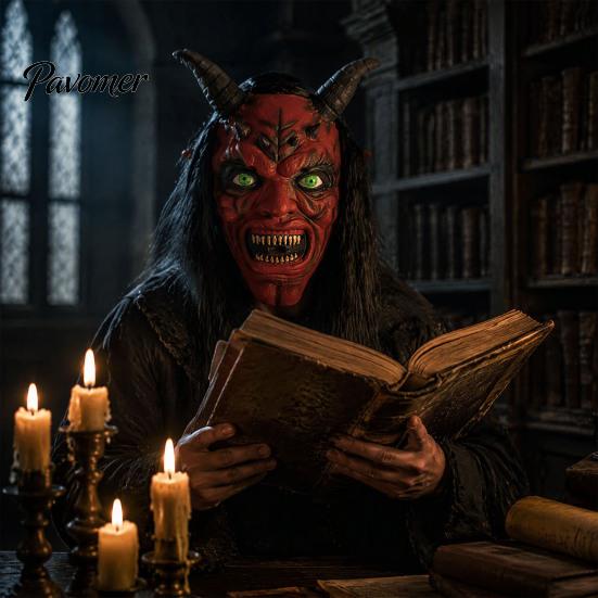 Máscara de Diablo para Halloween Máscara de Satán, Disfraz Realista de Cabeza Completa de Látex con Accesorios Largos y Escalofriantes de Cuernos Rojos y Colmillos, Accesorios de Fiesta de Cosplay Aterradores