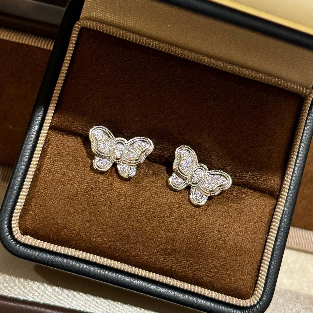 New Vintage 100% Pure 925 Sterling Silver Butterfly Earring Pave Aaa Full Zirconia Ear Studs For Women Fine Luxury Jewelry
