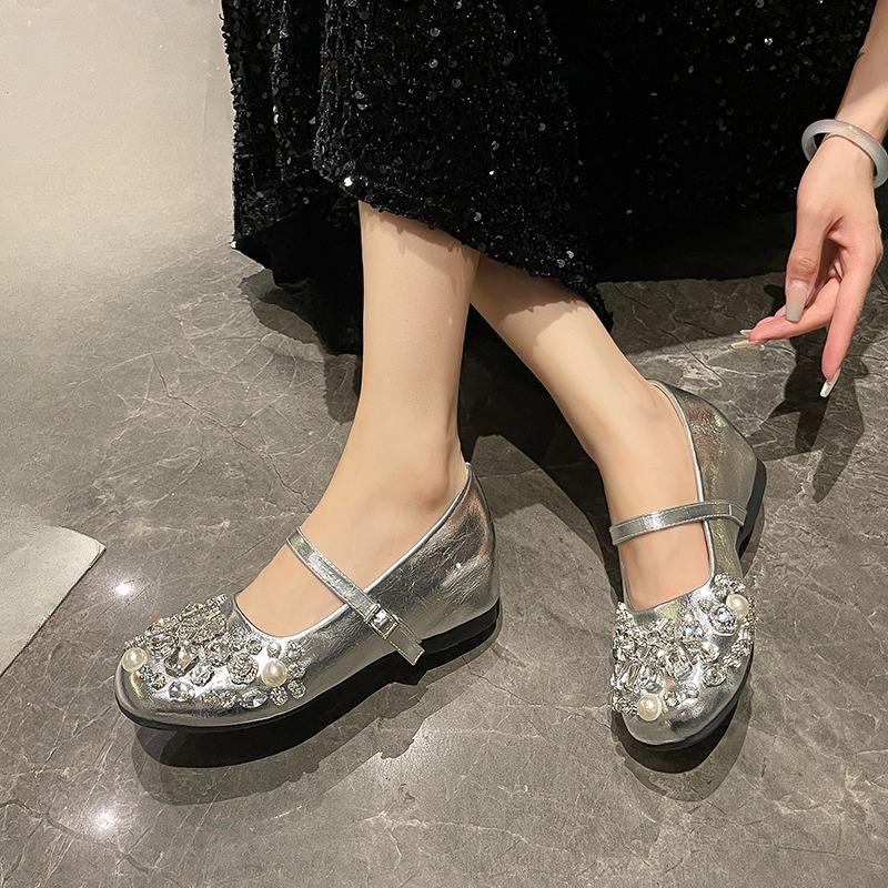 Fashion Pearl Rhinestone Buckle Single Shoes Fashion Round Toe Shallow Mouth One Strap Soft Sole Non-Slip Low Heel Shoes